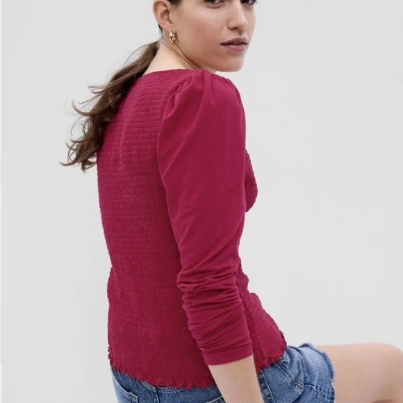 GAP Women Button Front Top Sz S Tall Hot Pink Smocked Button DownLong Sleeve NWT - Picture 7 of 11